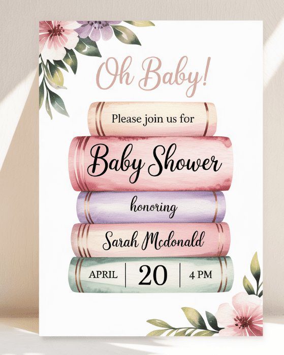 Elegant storybook baby shower invitation featuring a watercolor stack of pastel books with floral accents and event details for Sarah Mcdonald’s shower on April 20 at 4 PM.