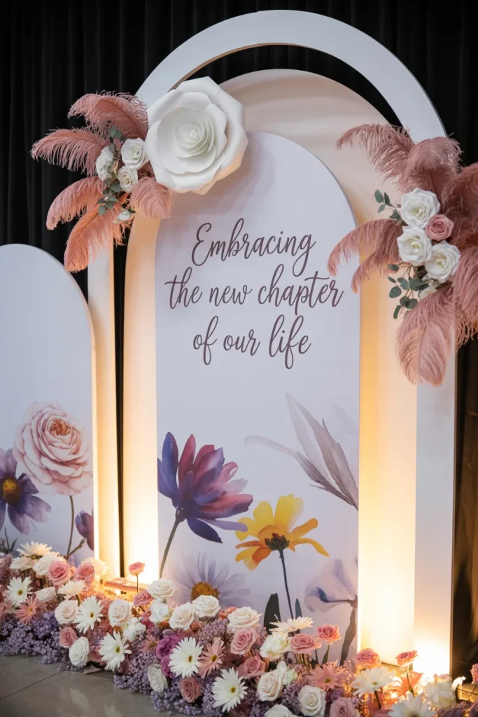 Storybook baby shower backdrop featuring a 'New Chapter Begins' sign surrounded by pastel balloon and floral arrangements
