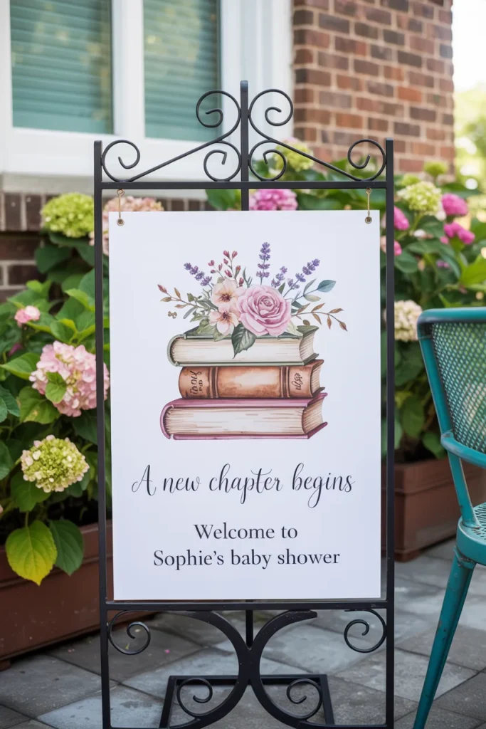 Storybook baby shower welcome sign featuring watercolor books, flowers, and the phrase 'A New Chapter Begins'