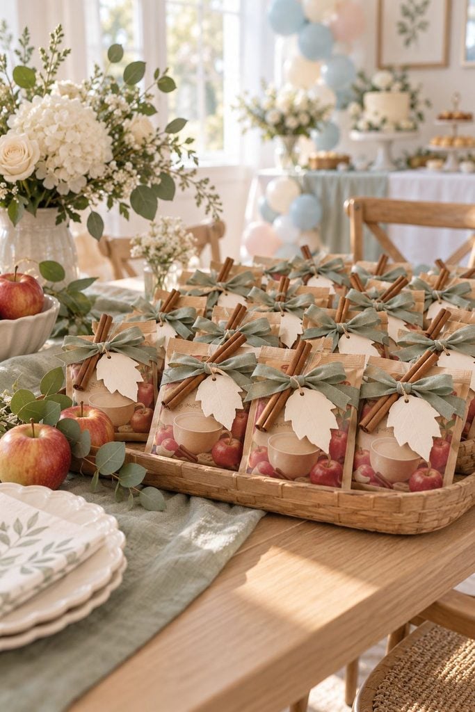 Baby shower favor idea: Cider mix packets tied with a cinnamon stick