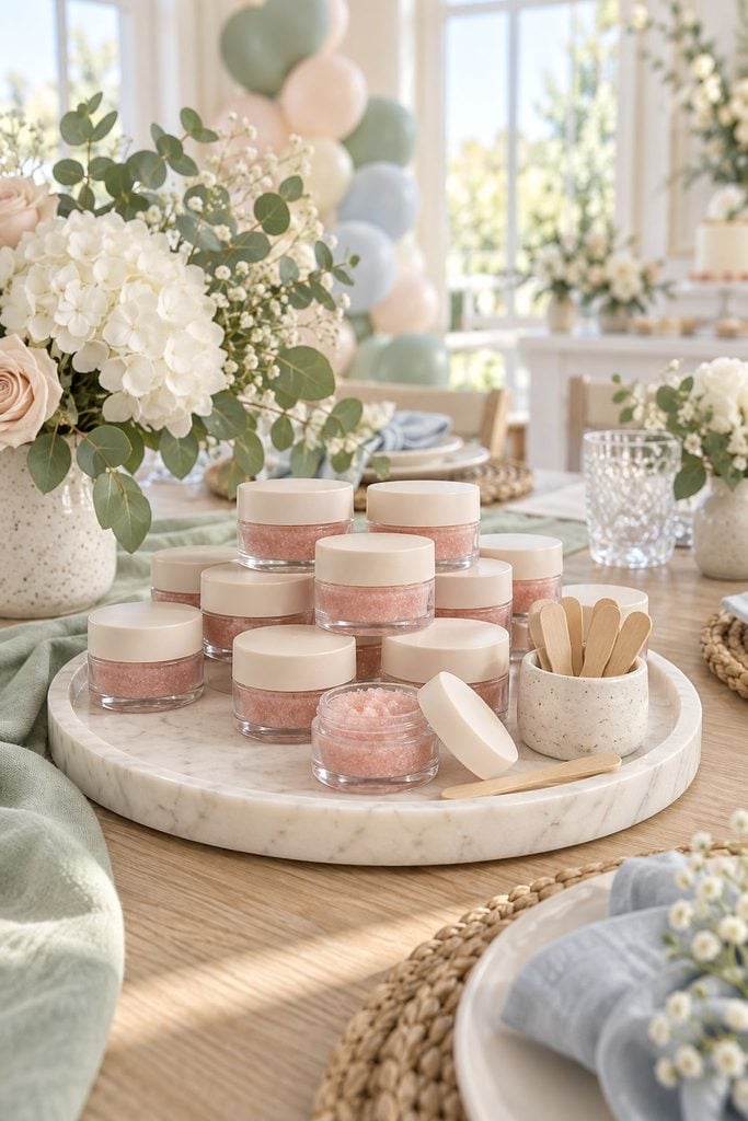 Baby shower favor idea: Small pots of pink sugar lip scrub on a tray