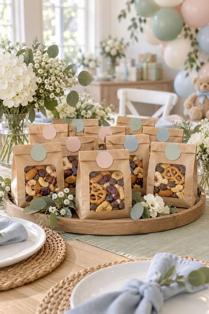 Baby shower favor idea: Small kraft bags of trail mix with a "mom fuel" tag