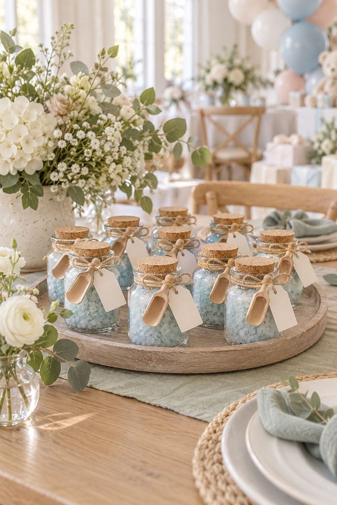 Baby shower favor idea: Small jars of pale blue bath salts with a wooden scoop