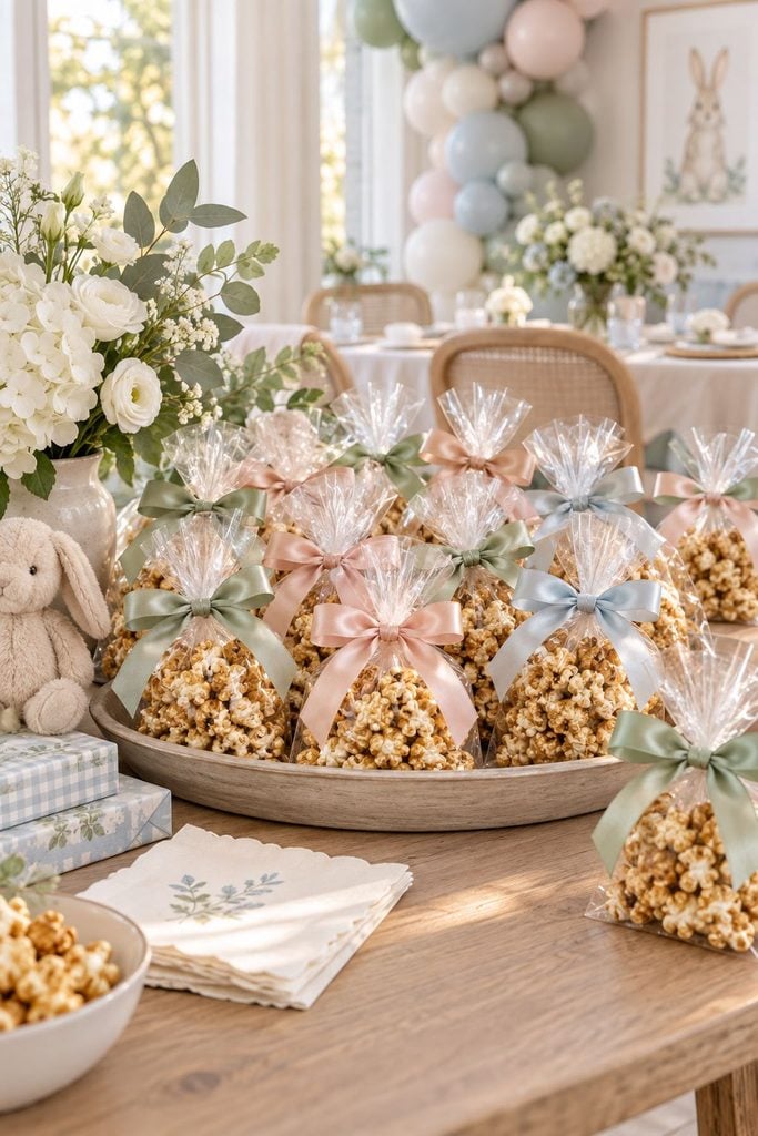 Baby shower favor idea: Cellophane bags of caramel popcorn tied with red ribbon