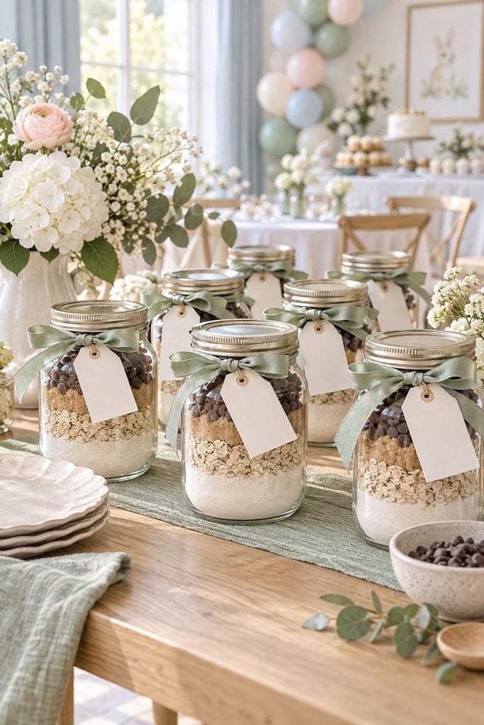 Baby shower favor idea: Layered cookie mix jars with a handwritten recipe tag