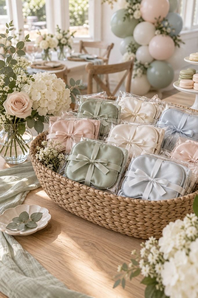 Baby shower favor idea: Folded blush satin sleep masks in a cellophane sleeve