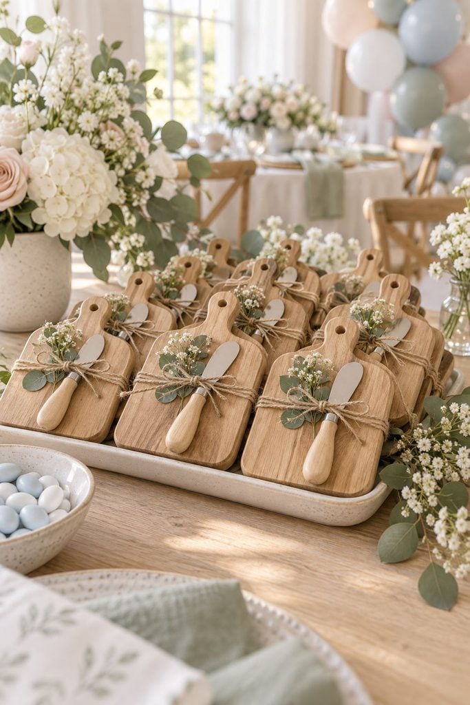 Baby shower favor idea: Small wooden serving boards with a tiny spreader