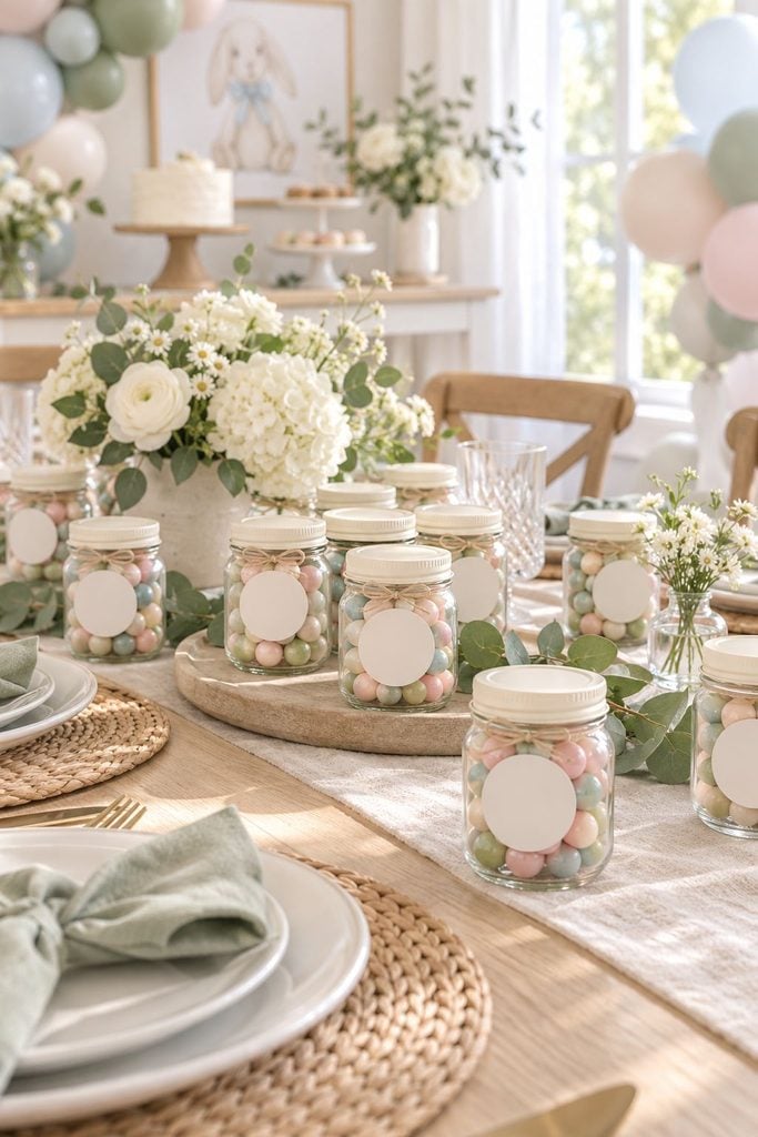 Baby shower favor idea: Mason jars filled with colorful gumballs and sticker labels
