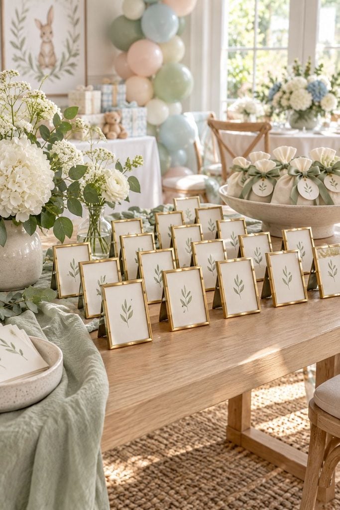 Baby shower favor idea: Tiny gold frames displayed in a row