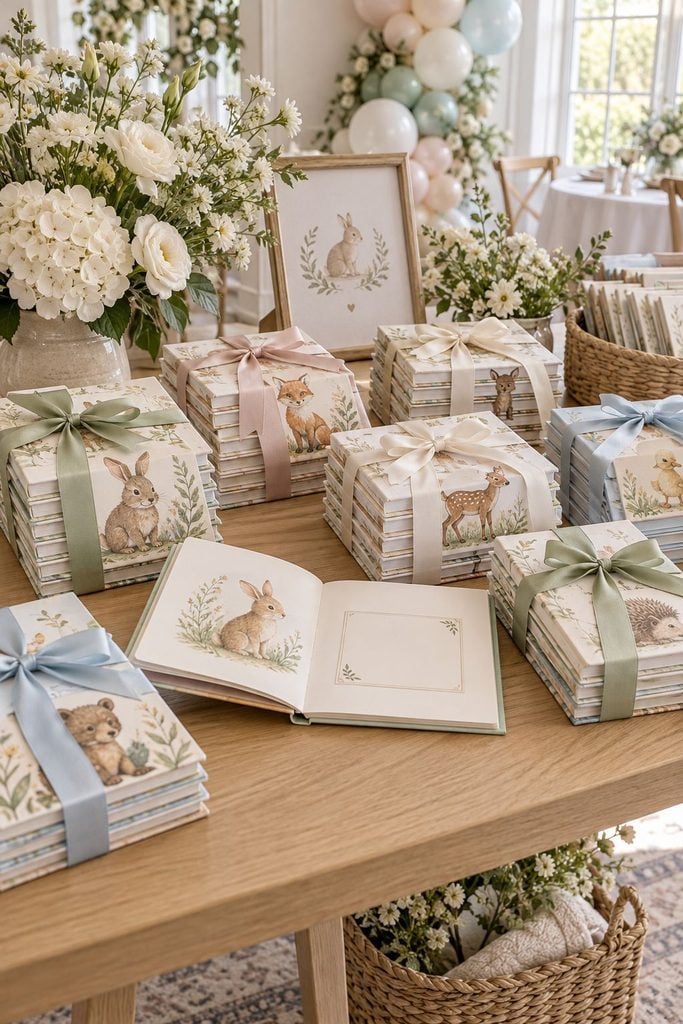 Baby shower favor idea: Small children's books stacked with ribbon and a bookplate