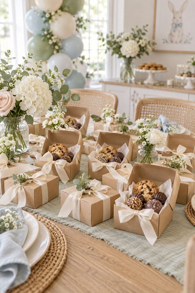 Baby shower favor idea: Small kraft boxes with local cookies and truffles