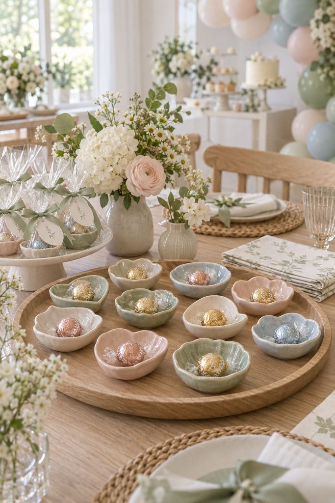Baby shower favor idea: Small ceramic dishes in muted colors holding wrapped chocolates