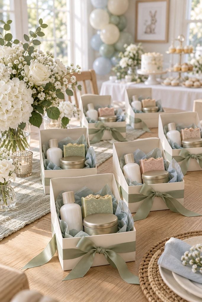 Baby shower favor idea: A small box holding lotion, soap, and a mini candle