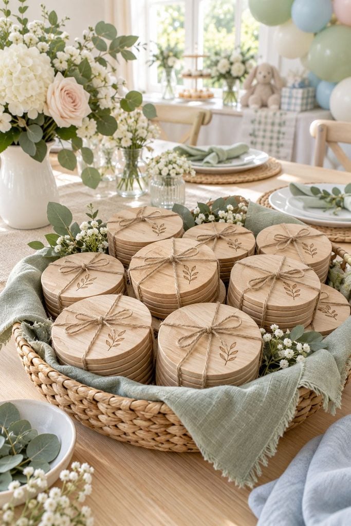 Baby shower favor idea: Stack of round wooden coasters tied with jute twine
