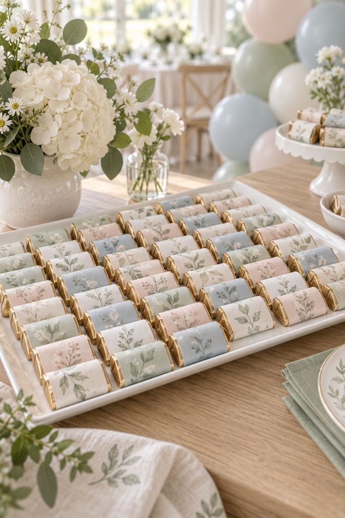 Baby shower favor idea: Mini chocolate bars wrapped in custom pastel paper labels