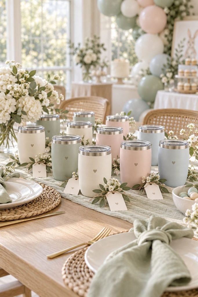 Baby shower favor idea: Insulated tumblers with a simple script "Baby Shower" design