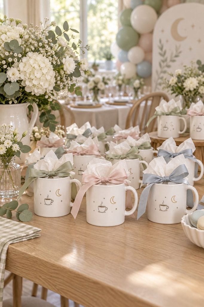Baby shower favor idea: White mugs printed with funny new-parent lines