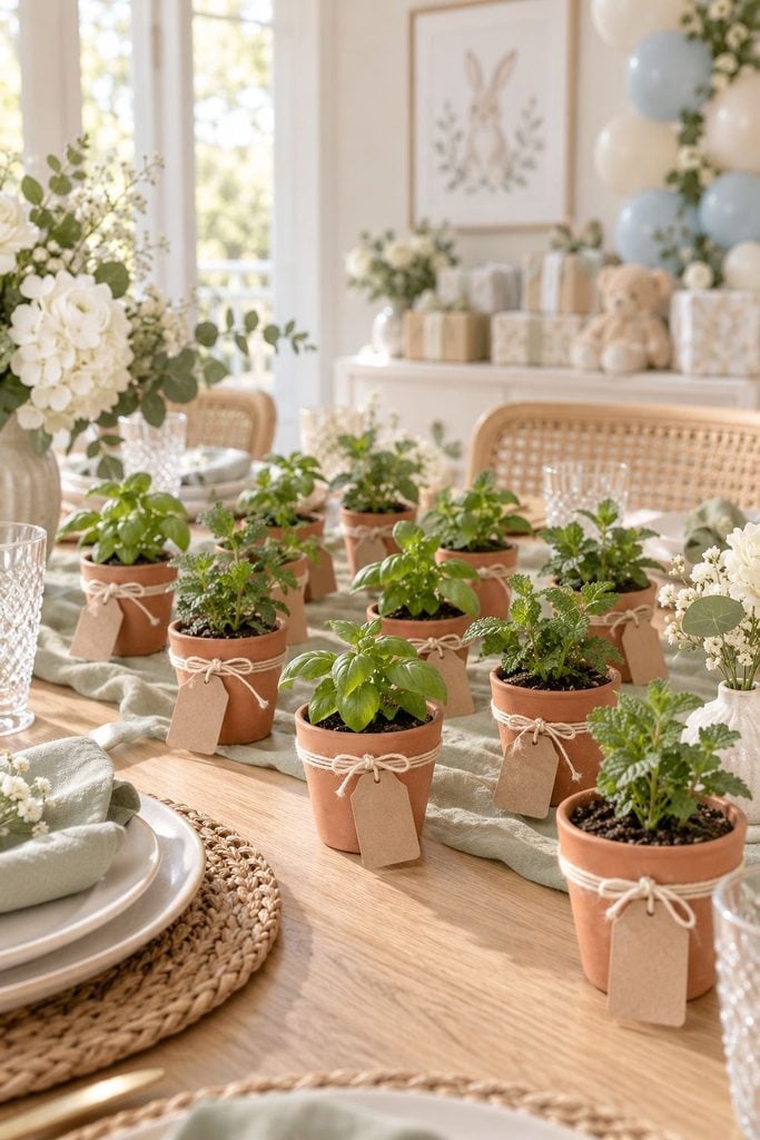 Baby shower favor idea: Small terracotta pots with basil and mint sprouts and craft tags