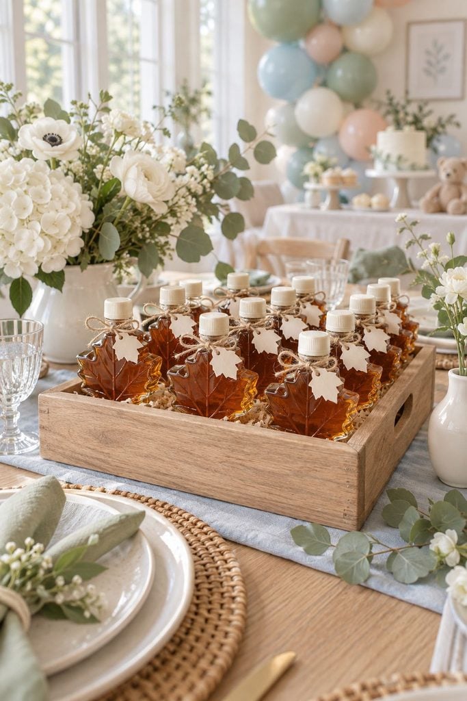 Baby shower favor idea: Small glass maple syrup bottles with a "sweet start" tag