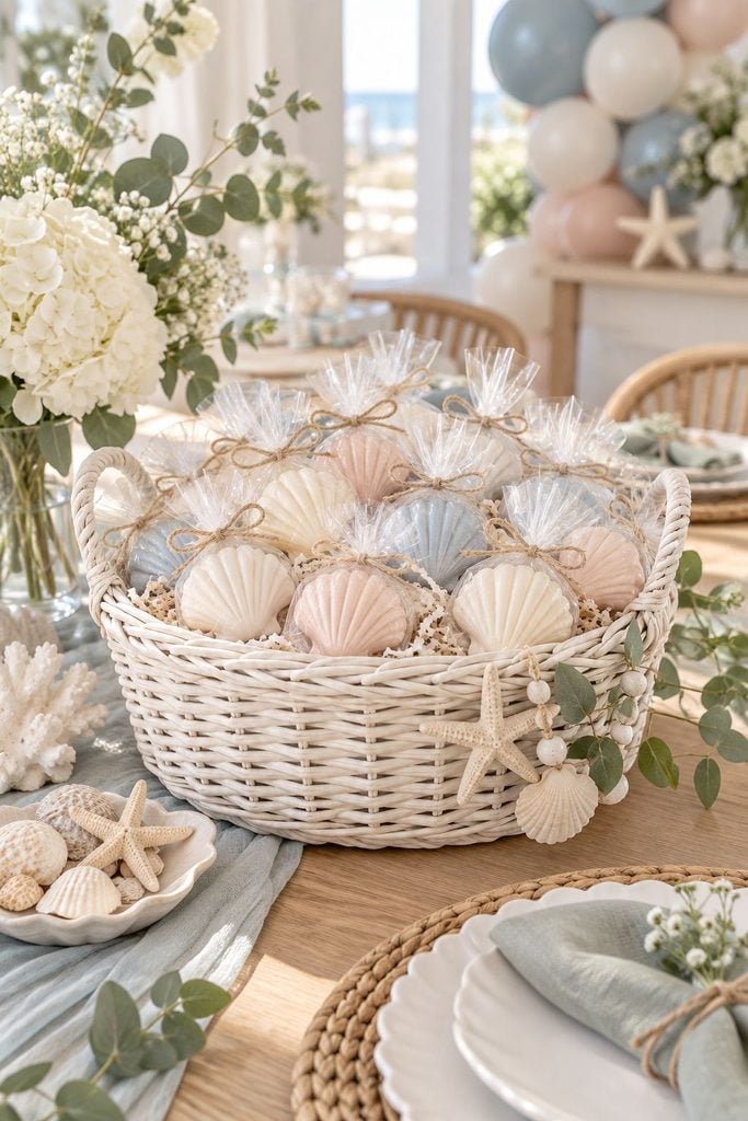 Baby shower favor idea: Shell-shaped soaps in a white basket