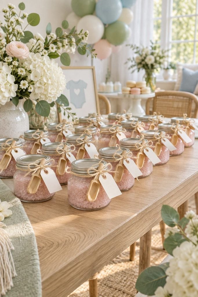 Baby shower favor idea: Small jars of pink sugar scrub with wooden scoops