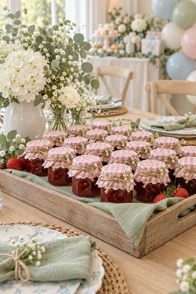 Baby shower favor idea: Tiny jars of strawberry jam with gingham lids and twine