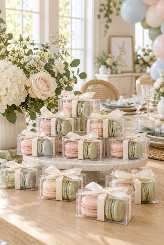 Baby shower favor idea: A clear window box holding two pastel macarons