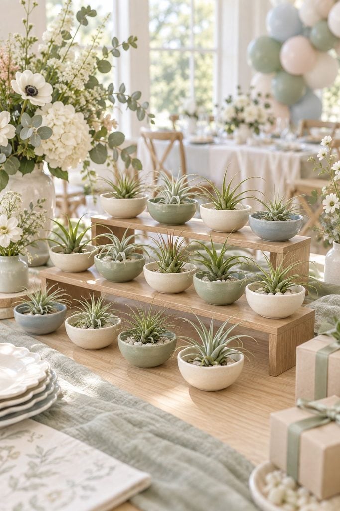 Baby shower favor idea: Air plants nestled in small ceramic dishes