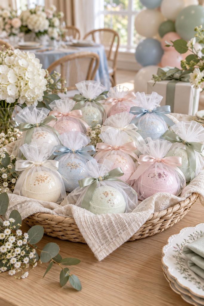 Baby shower favor idea: Pastel bath bombs in white organza bags with satin ribbon