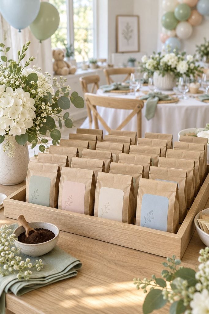 Baby shower favor idea: Single-serve ground coffee in small bags with custom labels