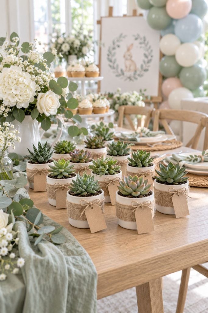Baby shower favor idea: Tiny potted succulents wrapped in burlap with kraft tags
