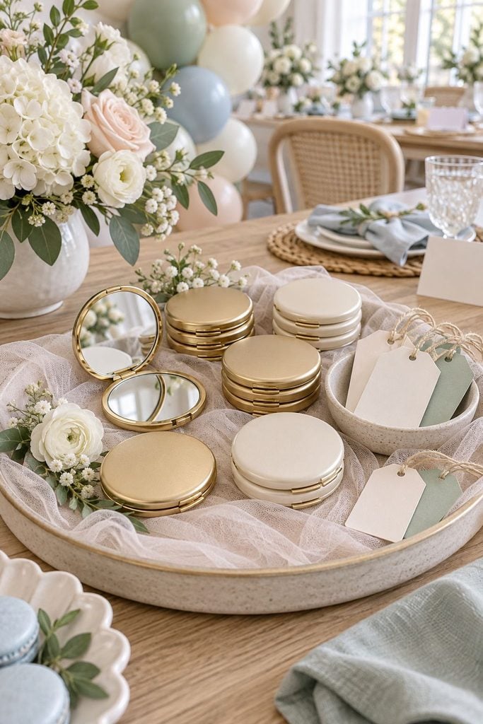 Baby shower favor idea: Round compact mirrors in gold and white on a tulle-lined tray