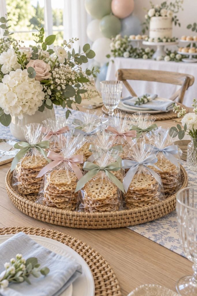 Baby shower favor idea: Delicate lace cookies stacked in a clear cellophane bag with a ribbon