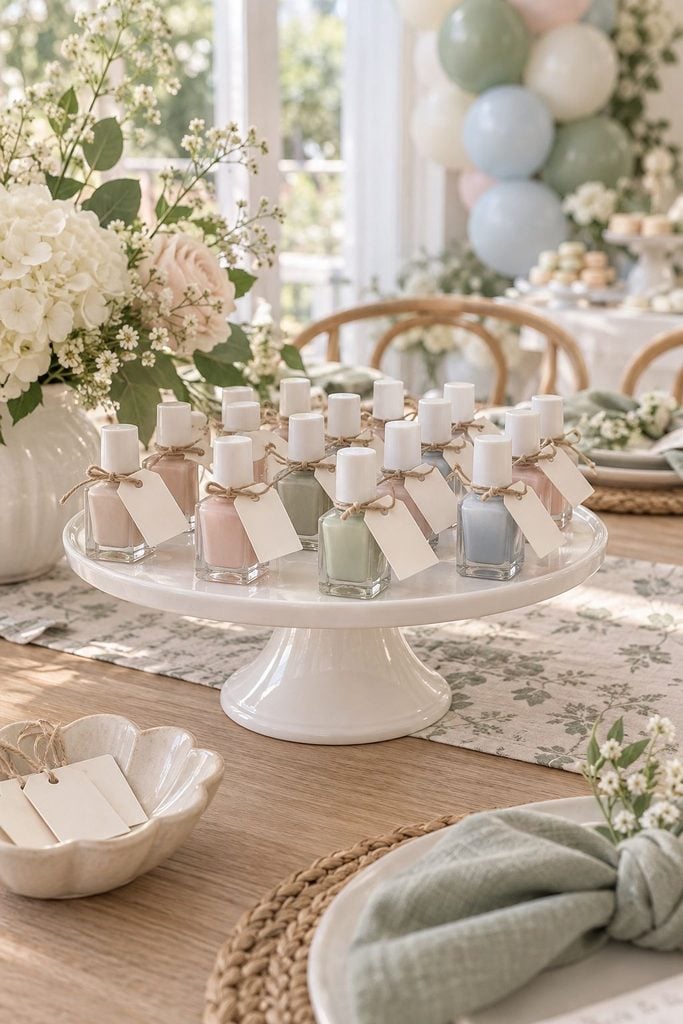 Baby shower favor idea: Soft nude and blush mini polish bottles with "you're polished" tags