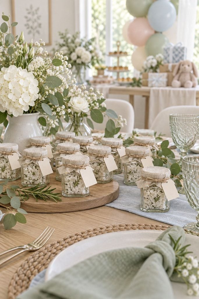 Baby shower favor idea: Tiny jars of rosemary sea salt with linen tags