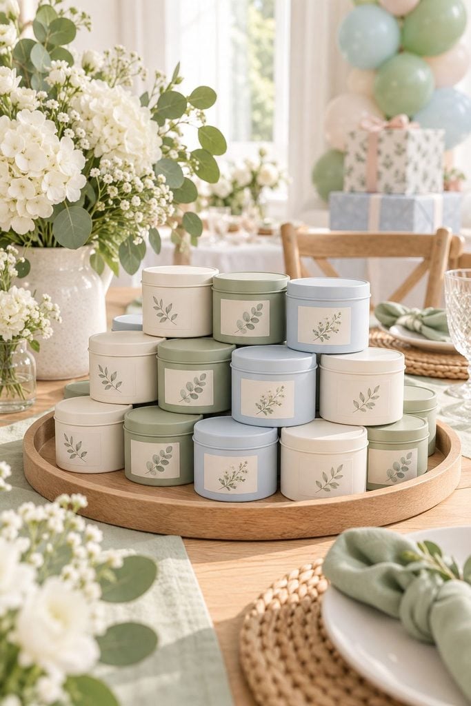 Baby shower favor idea: Small candle tins in a soft color palette on a wooden tray