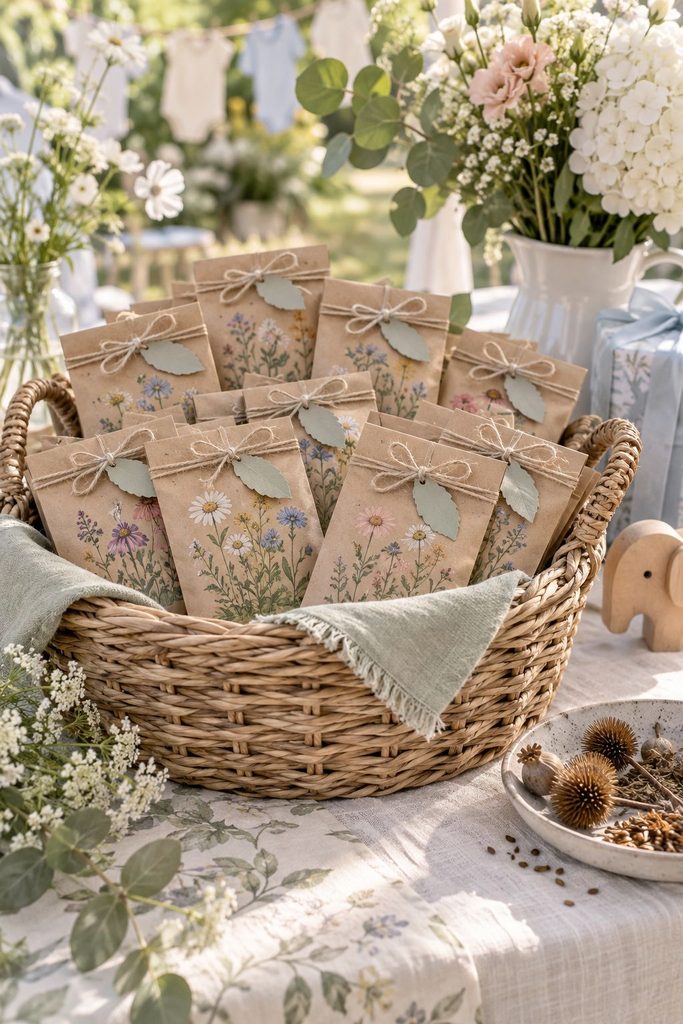 Baby shower favor idea: Wildflower seed packets tied with twine and "watch me grow" tags