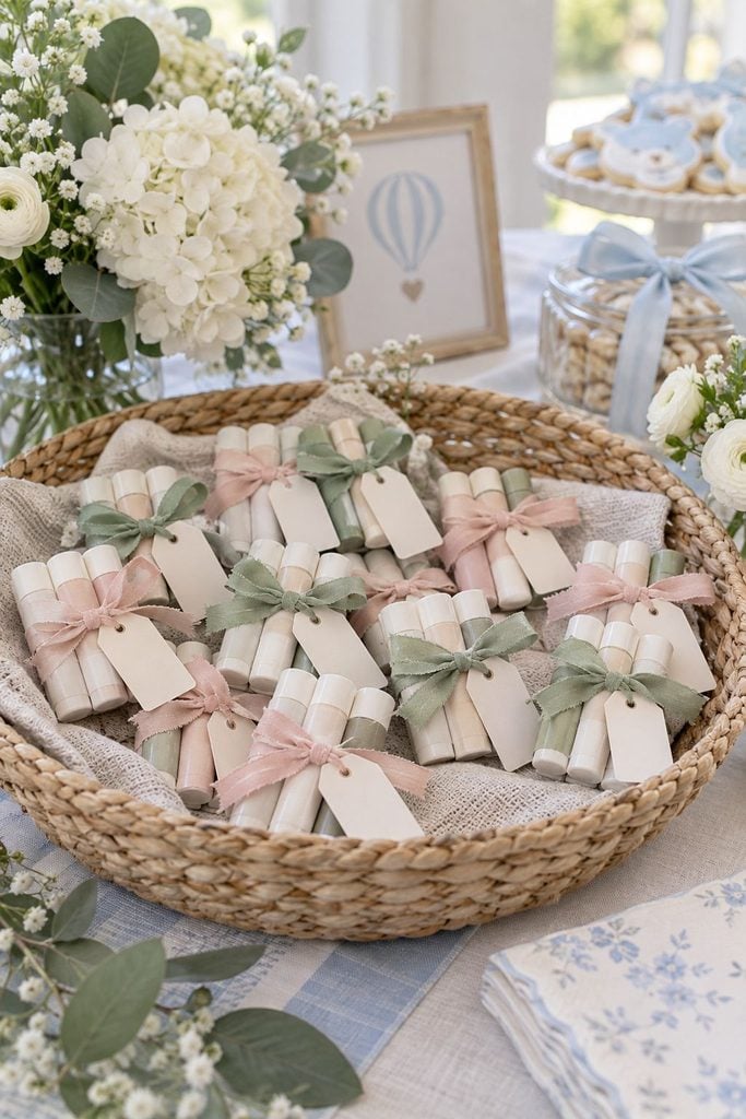Baby shower favor idea: Three lip balms tied together with ribbon and a printed tag