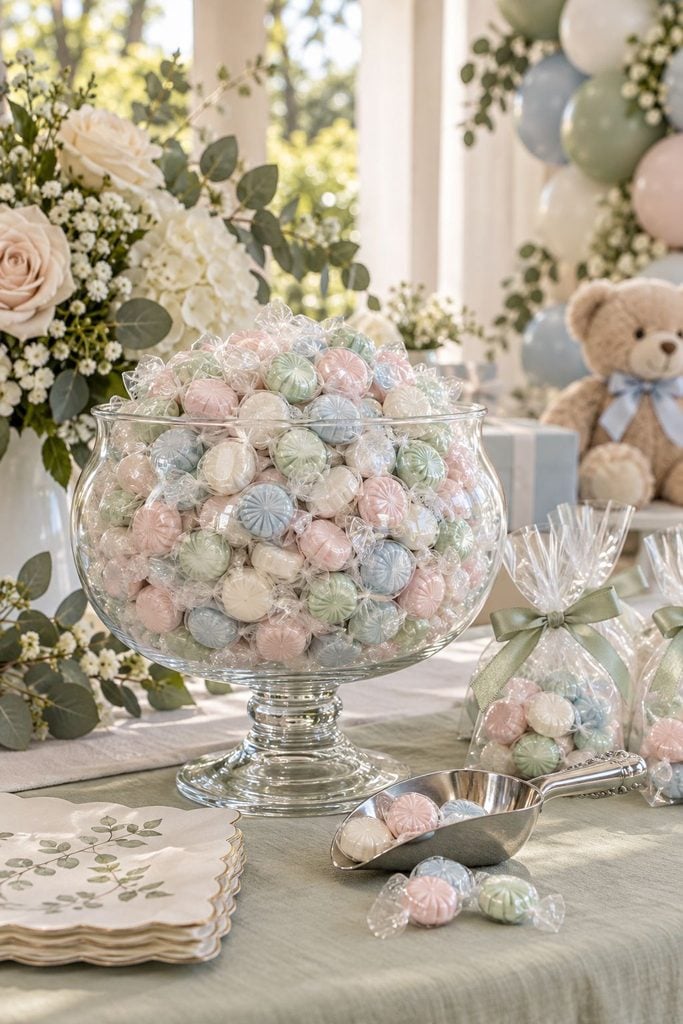 Baby shower favor idea: A glass bowl of pastel wrapped mints with a small scoop