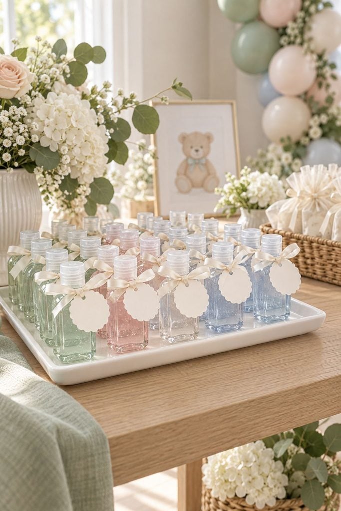 Baby shower favor idea: Pastel mini hand sanitizer bottles lined up with tiny thank-you tags