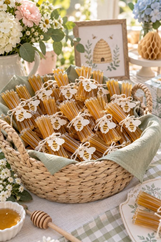 Baby shower favor idea: Bundle of three honey sticks with a "mom-to-bee" tag