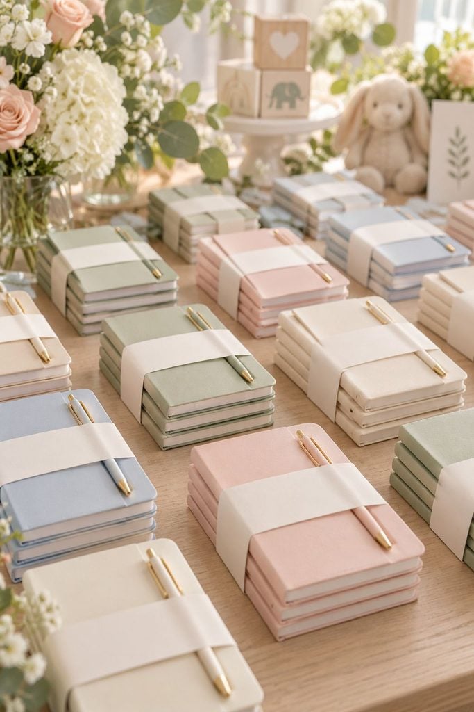 Baby shower favor idea: Stacked mini notebooks with pens and a "note to baby" paper band