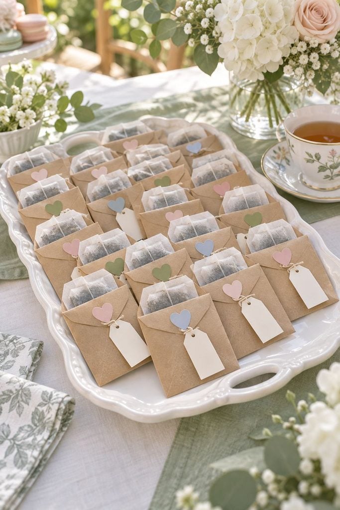 Baby shower favor idea: Single tea bags in small kraft envelopes with a "take a moment" tag