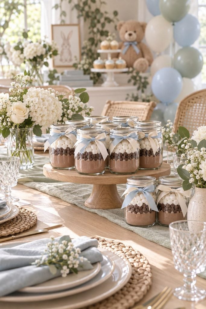 Baby shower favor idea: Jars layered with cocoa mix and mini marshmallows