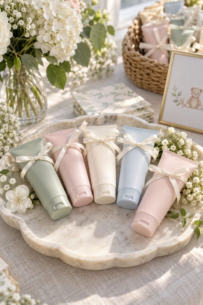 Baby shower favor idea: Travel-size hand cream tubes fanned out on a marble tray