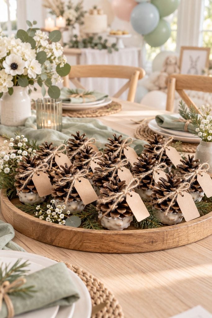 Baby shower favor idea: Natural pinecone fire starters tied with twine