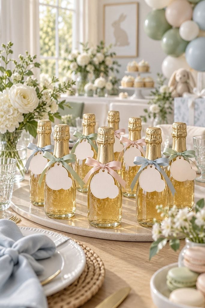 Baby shower favor idea: Mini bottles of sparkling cider with "ready to pop" tags