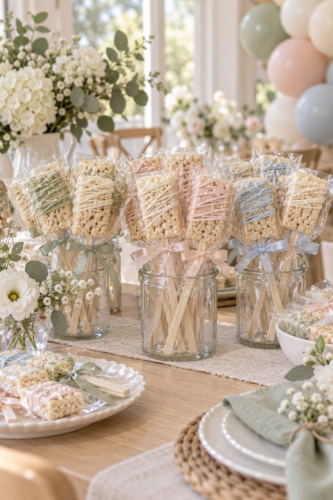 Baby shower favor idea: Crispy cereal squares on sticks, drizzled with white chocolate
