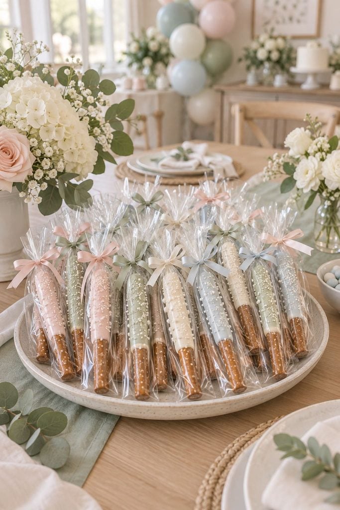Baby shower favor idea: Pretzel rods dipped in pastel chocolate with sprinkles, wrapped in cellophane