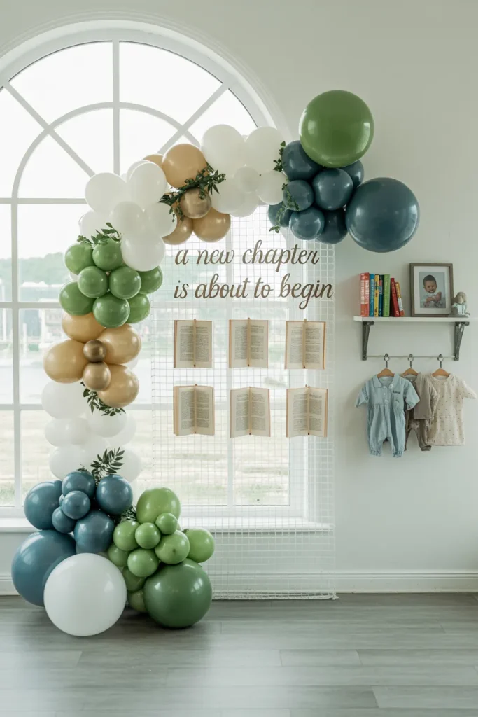 Organic balloon arch with vintage books and greenery for a storybook baby shower photo backdrop
